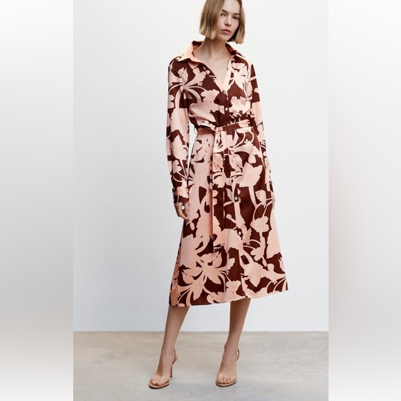 MNG Mango Floral Print Midi Dress in Pink and Brown - Picture 1 of 9